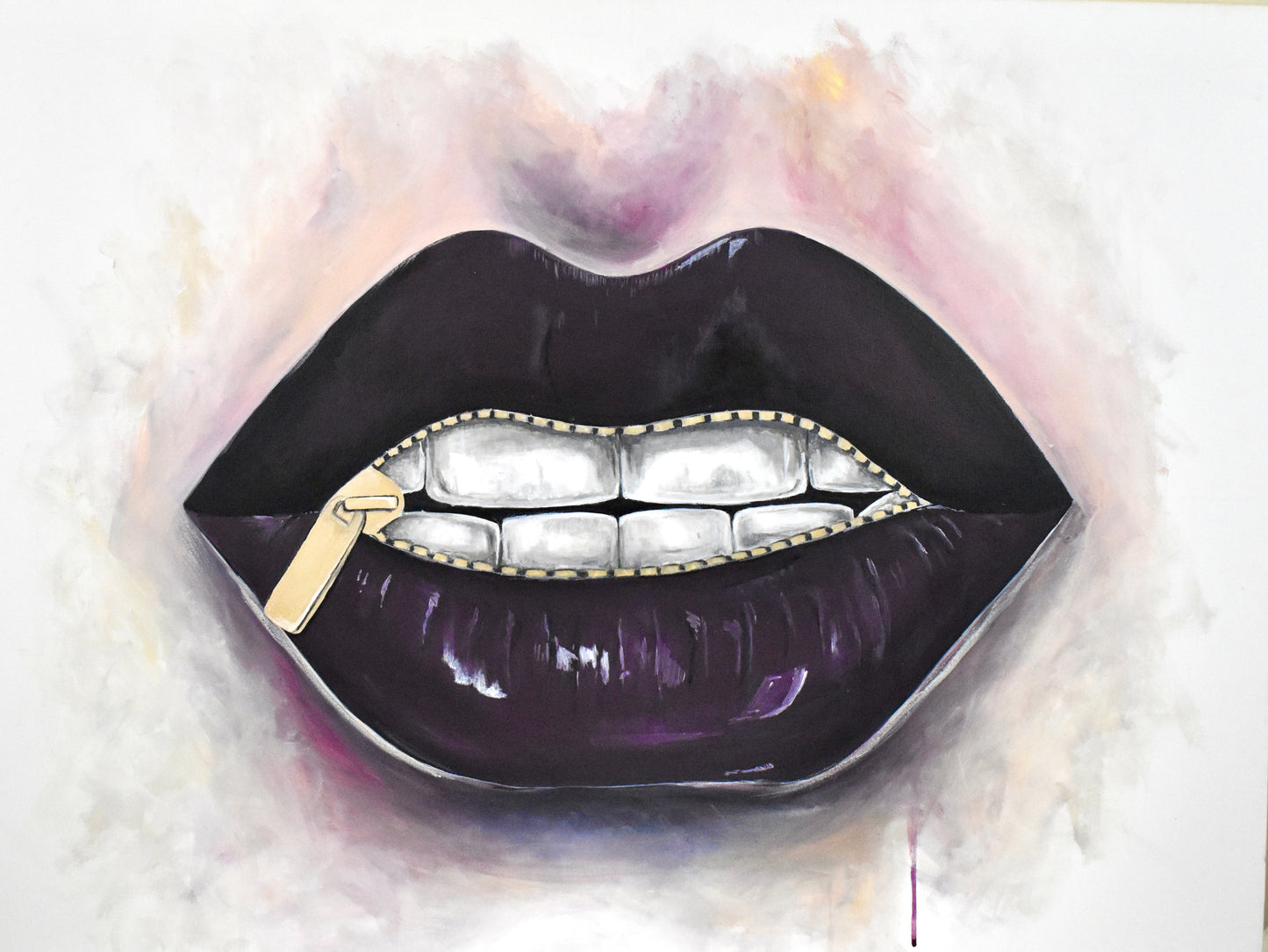 Open edition print of ‘Shhh!’, an acrylic painting from the Redacted series. Rich purple lips meet a golden zipper, conjuring silence in a haze of soft pastel shadows