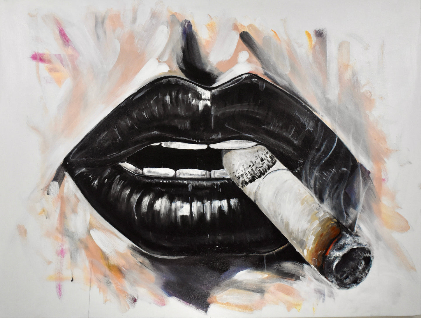 Limited edition print of ‘Smoke and Mirrors’—from the Redacted series, this smoky monochrome scene captures black lips and a smouldering cigarette, smudged with rebellion and illusion.