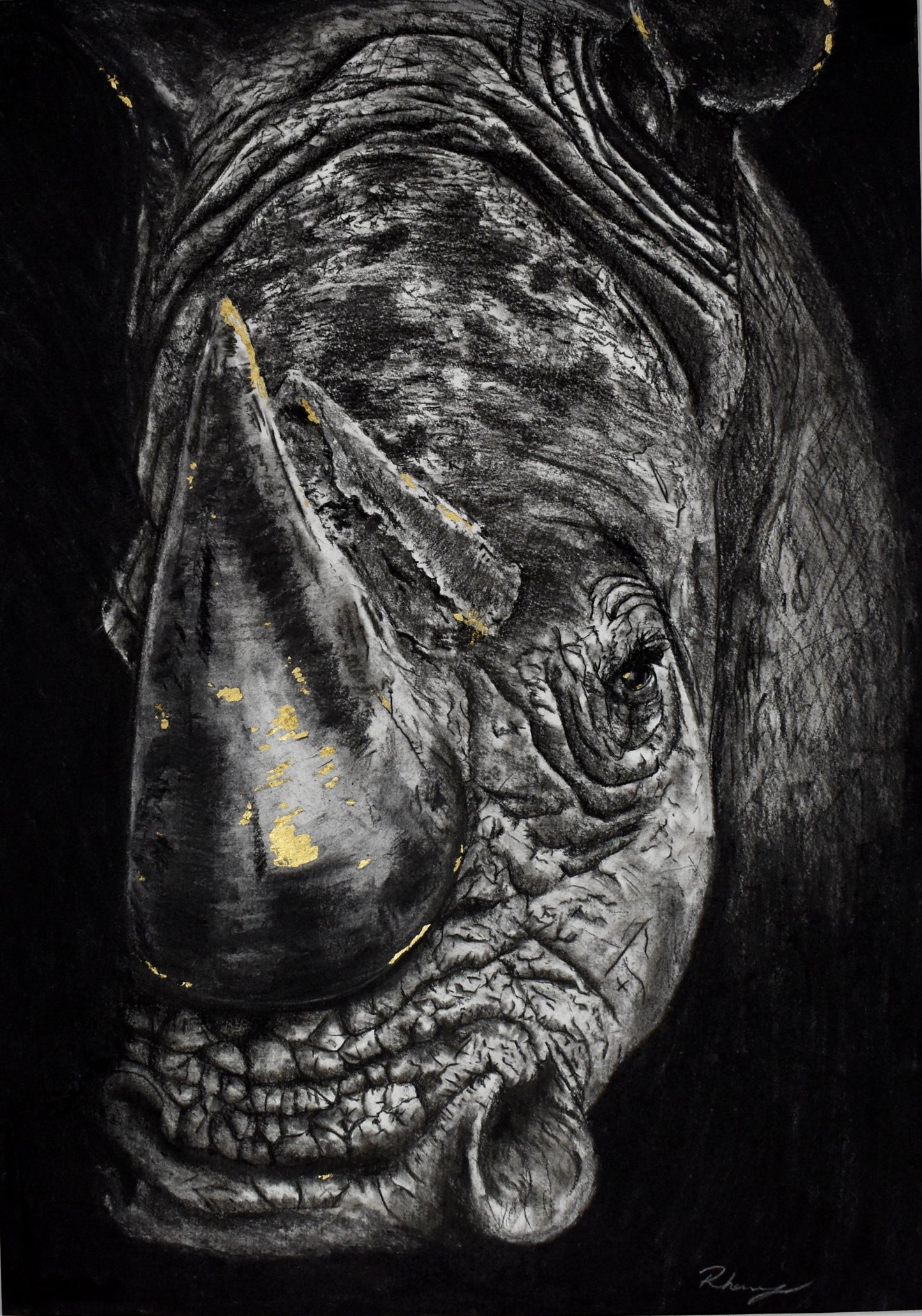 Limited edition giclée print of a rhinoceros from the Trophy Series — honouring raw power, resilience, and reverence for the natural world, with golden accents evoking value and loss.