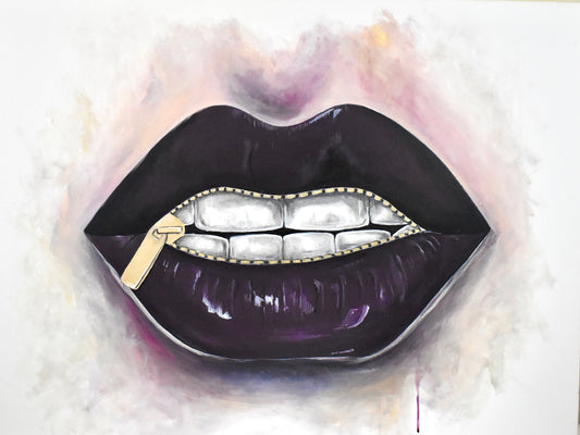 Open edition print of ‘Shhh!’, an acrylic painting from the Redacted series. Rich purple lips meet a golden zipper, conjuring silence in a haze of soft pastel shadows