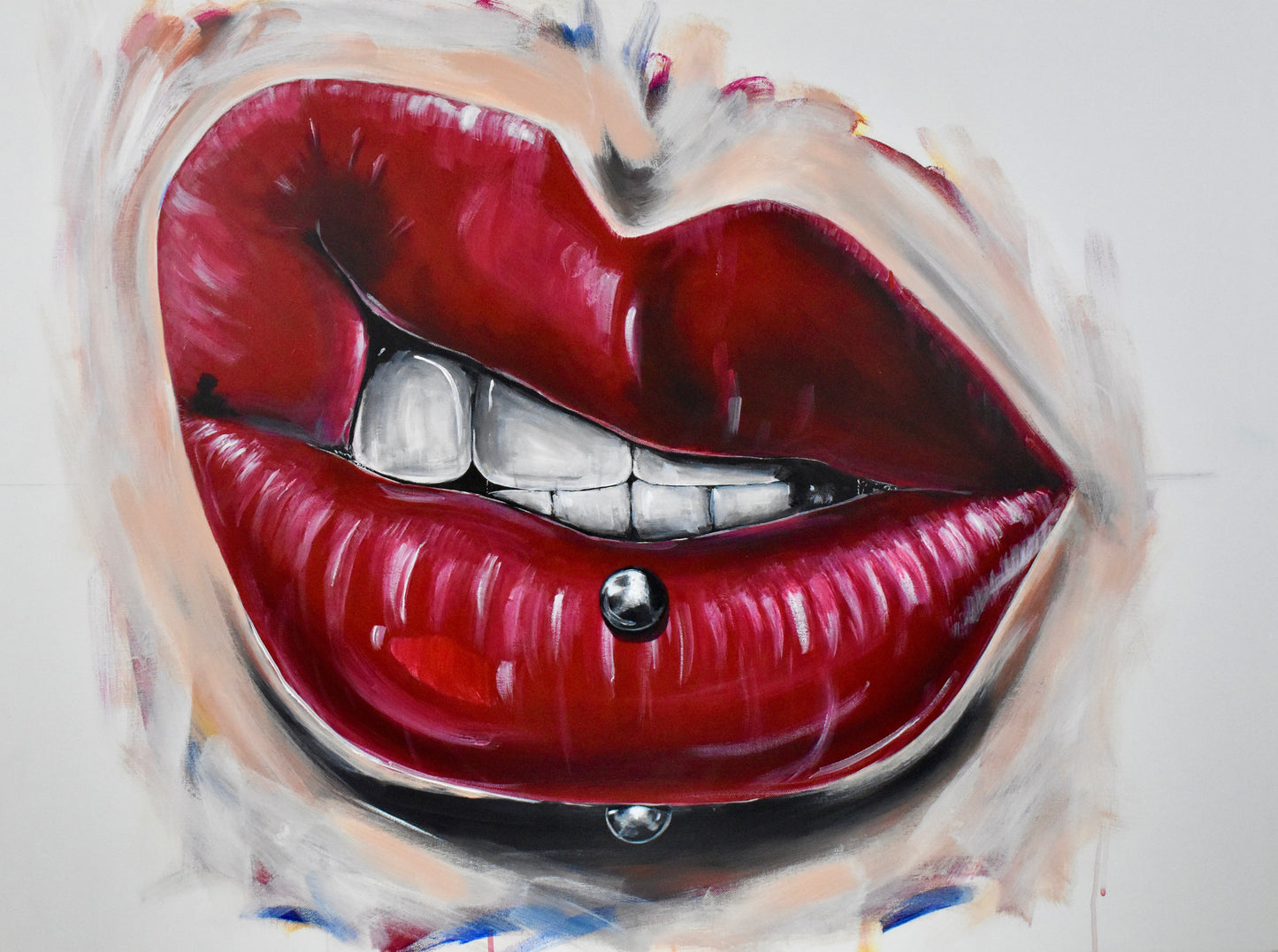 Limited edition print of ‘Smile’ from the Redacted series—a bold composition of glossy red lips and steel piercing, smirking with confidence and seductive grit.