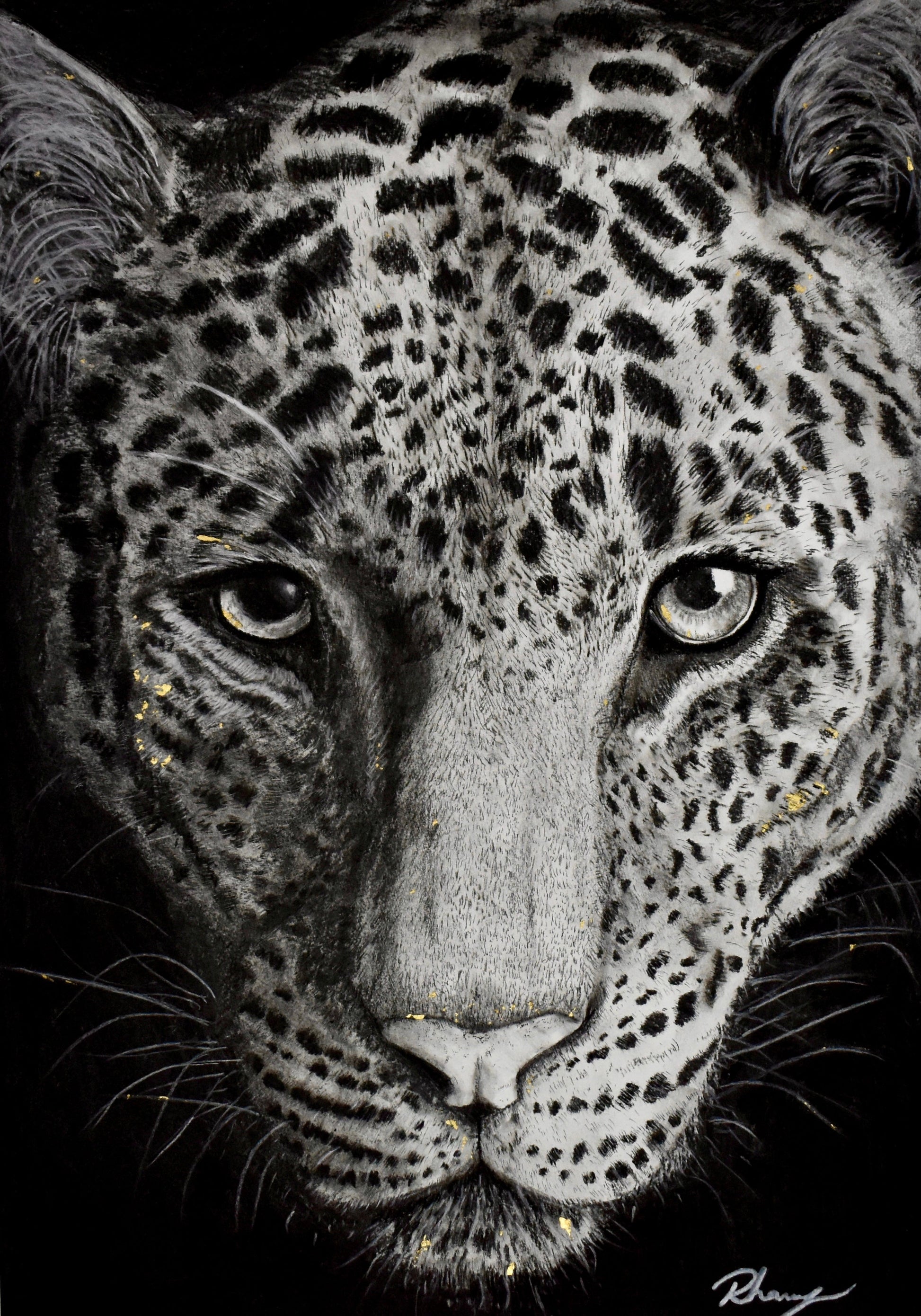 Limited edition fine art print of a charcoal leopard portrait, showcasing bold realism and intimate gaze.