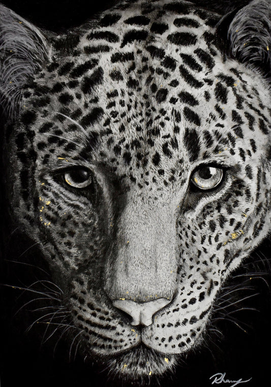 Limited edition fine art print of a charcoal leopard portrait, showcasing bold realism and intimate gaze.