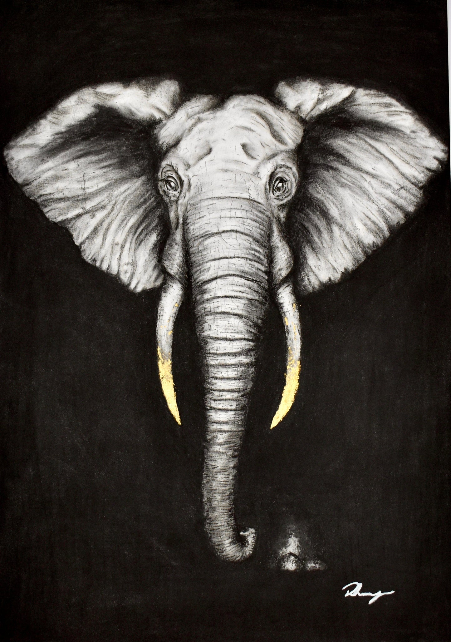 Limited edition print of an elephant from the Trophy Series. A powerful rendering of presence, memory, and reverence, gilded with golden tusks.