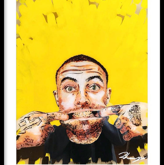 Original glass acrylic portrait of Mac Miller—vibrant, unfiltered, and electric with joy. Set against a radiant yellow burst, he stretches a playful smile wide with tattooed fingers, eyes alight with mischief and warmth. A bold homage to lightness in the face of gravity.