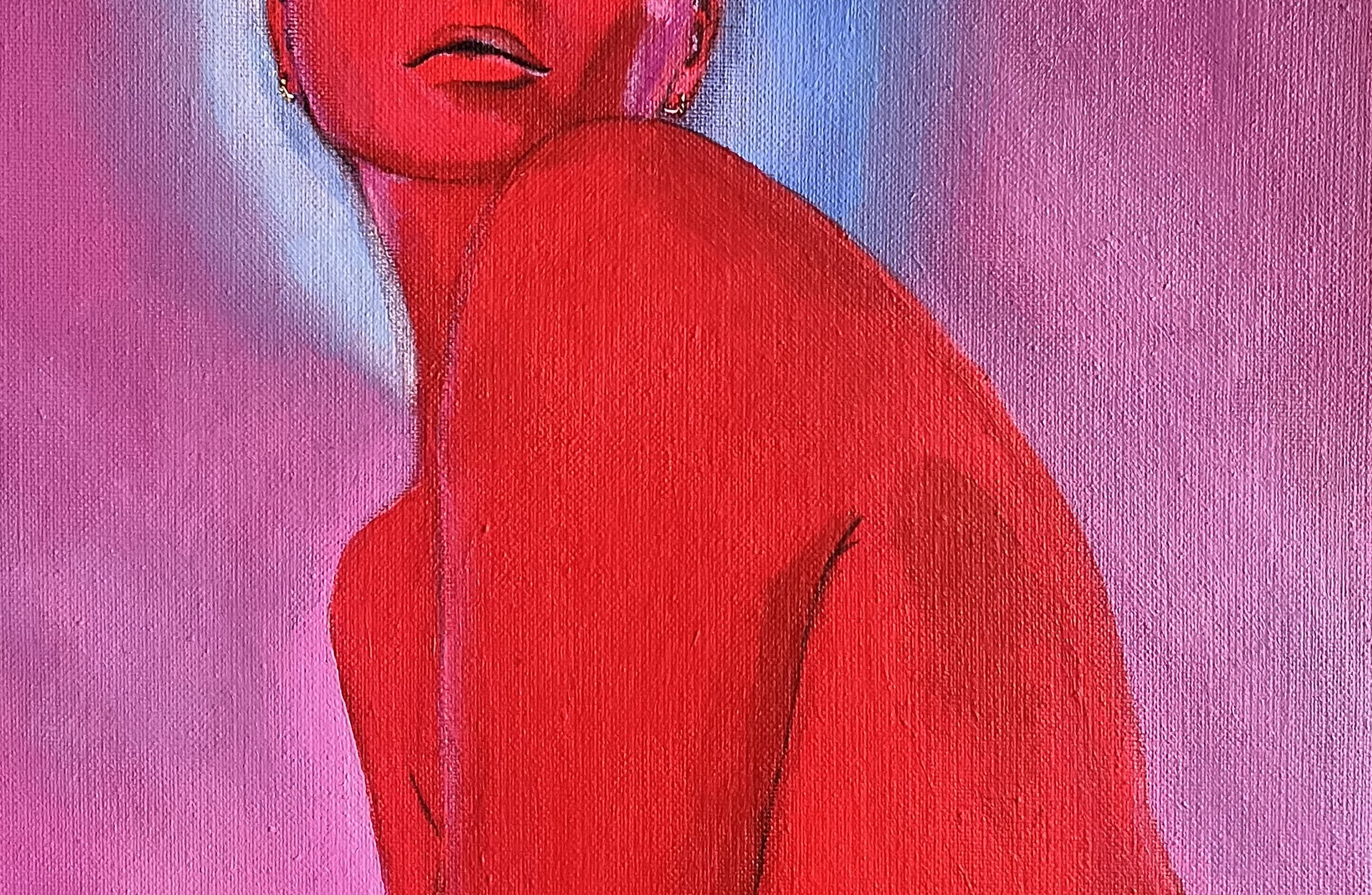 Abstract painting of a red figure against a pink and purple background